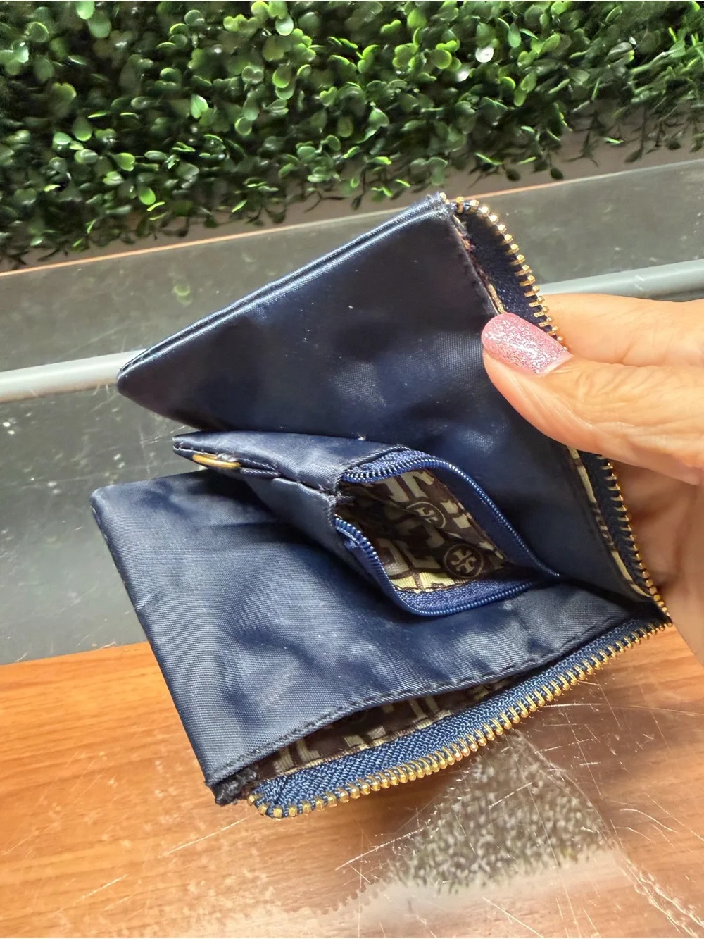 Tory Burch Navy Fabric Cosmetic Pouch with Gold Logo